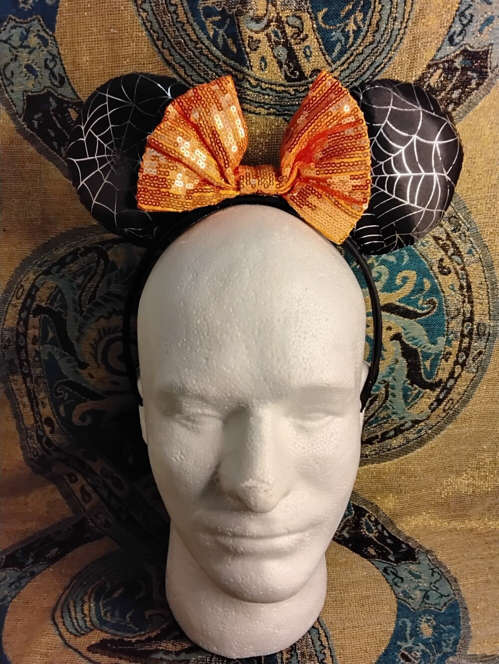 Black Spiderweb Minnie Ears Headband with Orange Sequin Bow for Kids